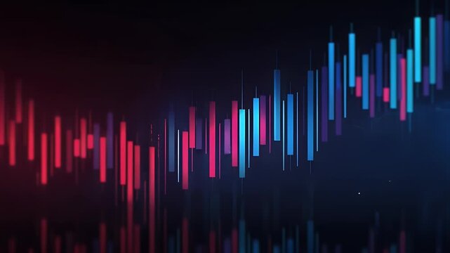 
A grand stock market chart background with blue and red glowing candlestick graph lines for a financial business concept,