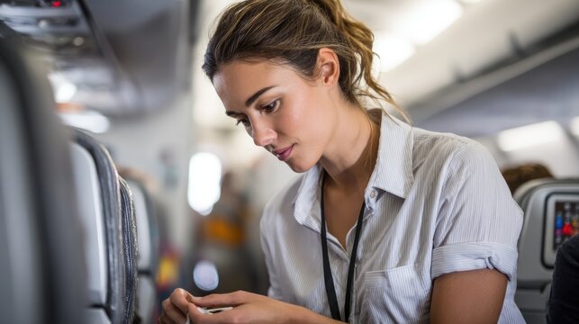 A flight attendant inspecting seat belts, tray tables, and cabin amenities before takeoff