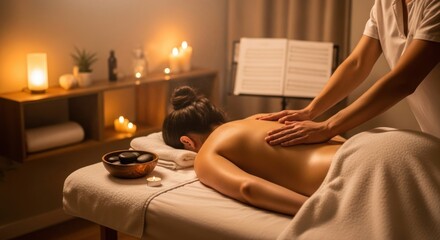 Woman receiving a calming back massage at a serene spa with soft lighting ambiance