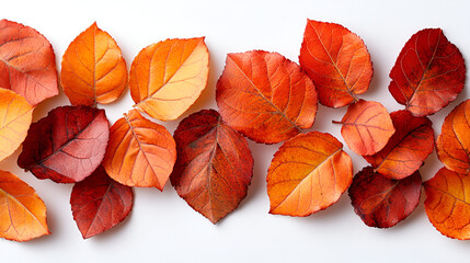 A vibrant arrangement of colorful red and orange autumn leaves scattered across a clean white background.