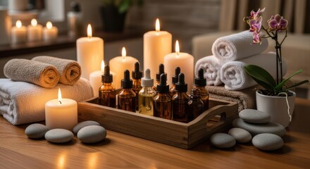 Serene spa ambiance with glowing candles essential oils towels and smooth stones for relaxation