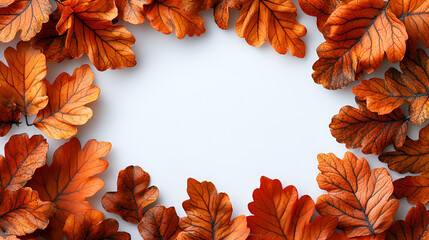 A beautiful frame of vibrant orange and brown autumn oak leaves on a clean white background.