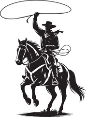 Naklejka premium A rugged cowboy rides a galloping horse across a dusty plain, the sun setting behind them