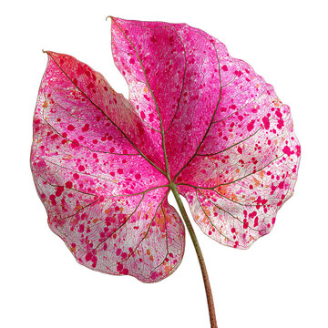 Pink caladium leaf with speckled pattern, artistic botanical look, on isolated white background --s 250