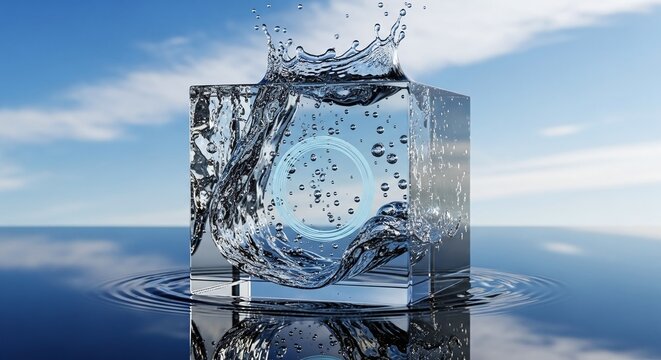 Water Cube Splashing in Lake with Cloudy Sky Reflecting Serene Minimalist Environmental Concept Crystal Clear Refreshing Drink