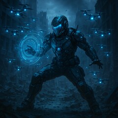 Fototapeta premium Dynamic Epic Scene of a Futuristic Soldier Commanding a Swarm of Micro Drones via Holographic Interface in Urban Battlefield
