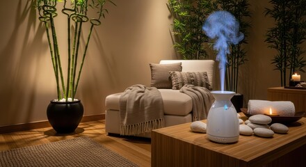 Serene spa environment featuring a diffuser, bamboo, and a tranquil relaxation space