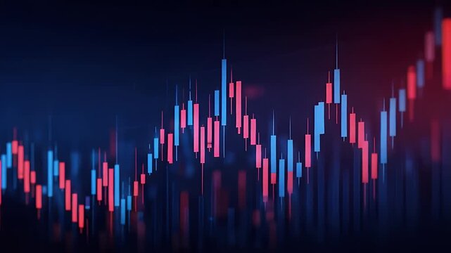 
A grand stock market chart background with blue and red glowing candlestick graph lines for a financial business concept,
