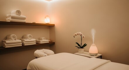 Serene spa treatment room highlighting wellness and tranquility with soft lighting