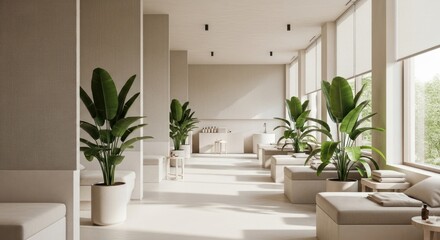 Modern spa interior featuring large potted plants and minimalist seating arrangements promoting