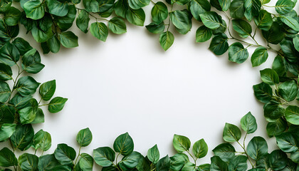 A natural frame of lush green leaves on a white background with central copy space.