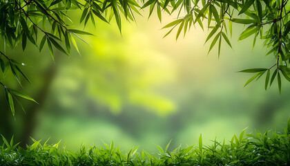 A natural frame of green bamboo leaves and grass with a soft, sunlit, blurred forest background.