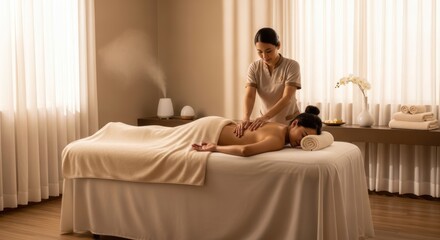 Serene spa experience, woman receiving a therapeutic back massage in a calm environment