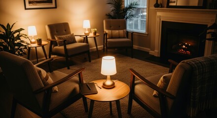 Cozy gathering space with warm lighting inviting ambiance and comfortable seating evoking