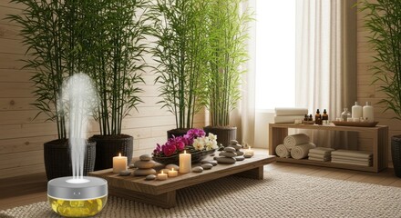 Serene spa atmosphere featuring an aroma diffuser bamboo plants and soothing spa elements
