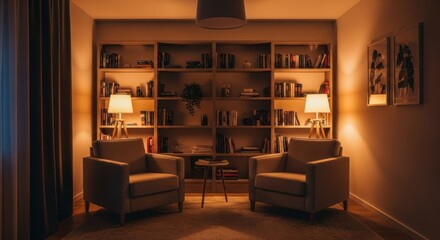 Intimate library setting with cozy armchairs and ambient lighting evoking relaxation and comfort
