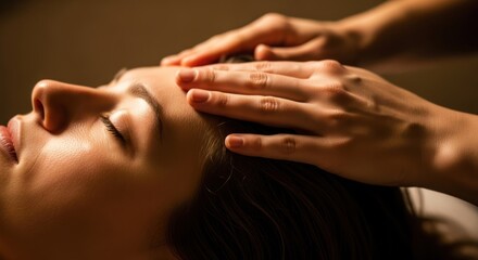 Woman receiving a soothing head massage in a tranquil wellness atmosphere retreat
