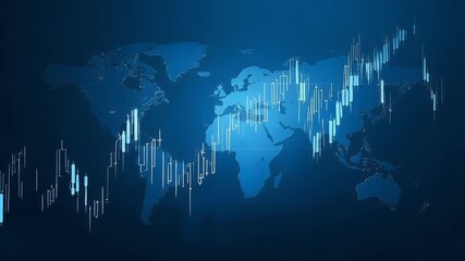 World map and stock market graph with candlestick chart, blue background vector illustration. Business technology global concept for business exchange of medical products - Powered by Adobe