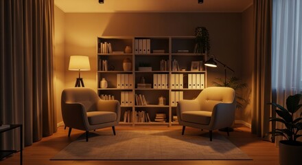 Inviting interior showcasing soft armchairs and warm lighting creating a cozy atmosphere