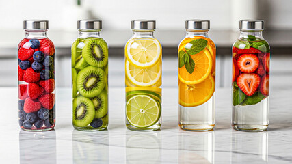 Refreshing Fruit-Infused Water in Glass Bottles:  Healthy Lifestyle Concept.