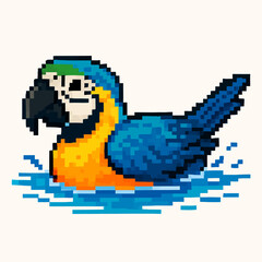 Obraz premium Vibrant pixel art macaw swimming playfully in refreshing blue water, a charming retro design.
