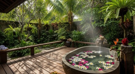 Tranquil outdoor spa experience with flower-filled bath amid lush tropical foliage and sunshine