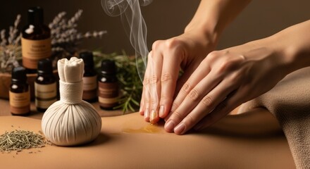 Therapeutic massage session with herbal compress and aromatherapy oils for wellness