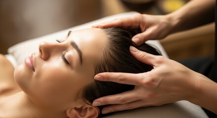 Tranquil rejuvenation: woman experiencing relaxing head massage for wellness and stress reduction