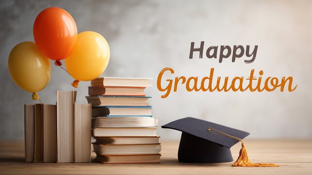 Graduation season poster, stacked books on the left, graduation hat tied with balloons on the right, "Happy Graduation" art word in the middle 