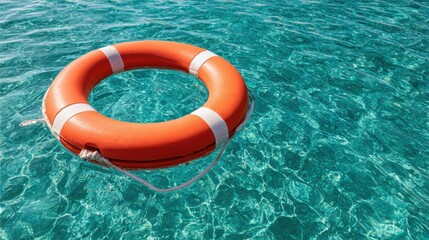 Orange lifebuoy floating on turquoise rippled water surface, secured by a rope, on a sunny day.