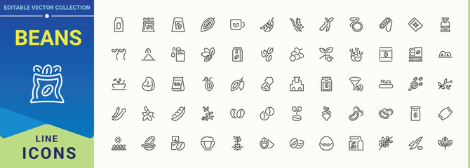 Beans line icon set. Nut And Bean vector line icon set. Thin UI icons. Contain linear symbols peanut, nut and bean, walnut, chestnut, peas. Pictogram and infographic.