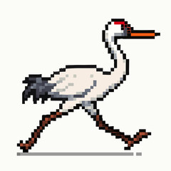 Fototapeta premium Pixel art white crane gracefully walking, capturing nature's beauty in retro style