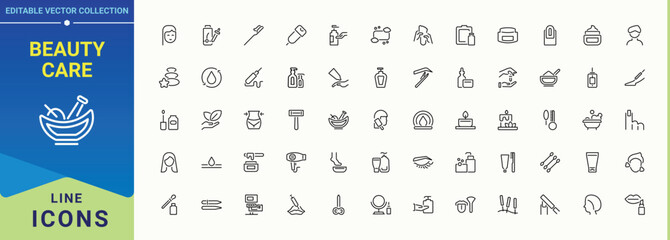 Beauty Care line icon set. Collection of simple line web icons. Vector illustration. Pixel perfect. Beauty icon collection. symbols for salon, glamour, cosmetic, makeup, care, spa, skin and more.