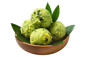 Obraz premium Mashed green plantains mixed with cheese or pork, shaped into balls, isolated on white background. Concept of vegetarian cuisine