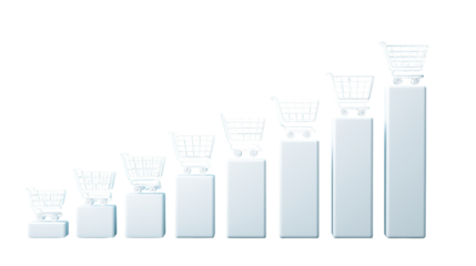A series of rising bar charts with shopping carts on top, representing the growth in online sales and retail channeling. transparent image