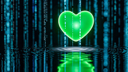 Cybersecurity Heart: Digital Love, Green Glowing Heart Reflecting in Dark Water, Binary Code Background.