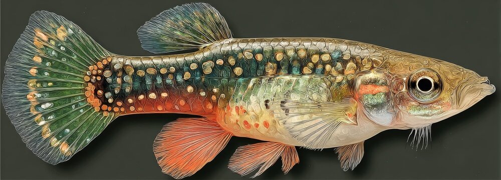 Fantasy glass guppy Endler showcasing vibrant neon fins against a dark background