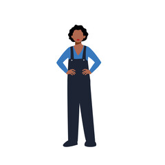 Confident Female Mechanic in Blue Overalls Standing Crossed Arms Isolated on White