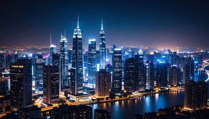 Fototapeta premium City skyline at night with lit buildings.