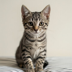 Obraz premium A short-haired kitten with a neat gray tabby pattern and dark stripes, large round golden-brown eyes, upright ears with pointed tips, and a small black nose. The kitten sits neatly on a white and gray