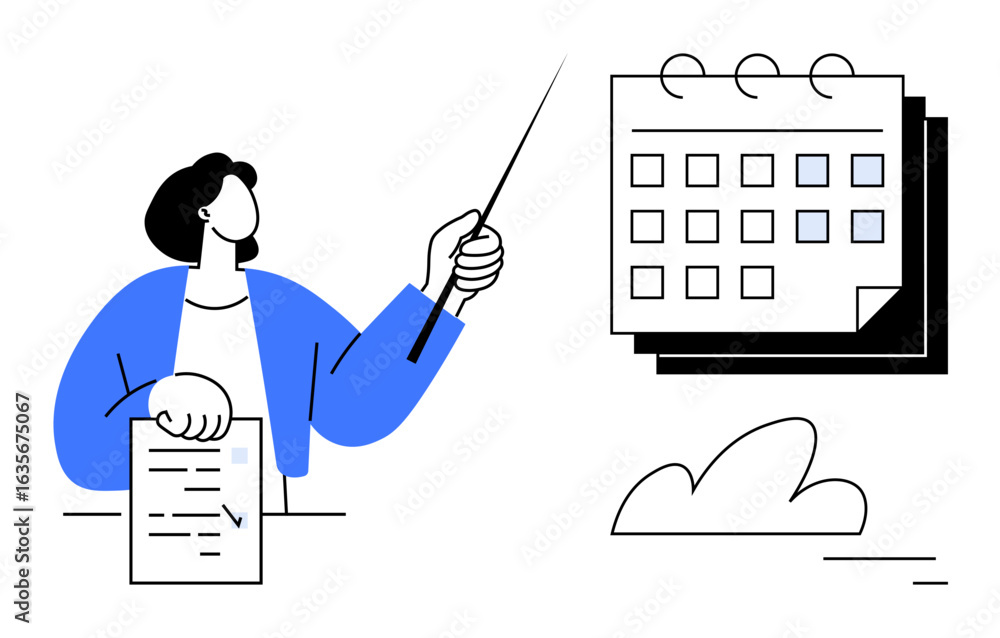 Poster person holding document, pointing at calendar with a pointer, surrounded by simple visuals. ideal fo
