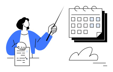 Person holding document, pointing at calendar with a pointer, surrounded by simple visuals. Ideal for planning, scheduling, organization, project management, education, teamwork simple landing page