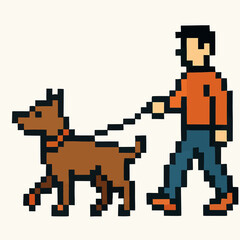 Obraz premium Pixelated person walks dog on leash enjoying a casual stroll, retro gaming style