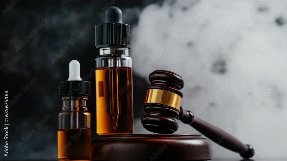 Poster a judge's gavel next to a bottle of evidence, suitable for use in law-related illustrations or graph