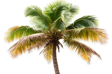 A single tropical palm tree with lush green and dry yellowing fronds isolated against a clean white background.