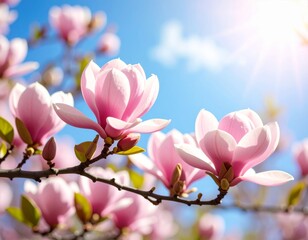 Fototapeta premium A vibrant closeup of pink magnolia blossoms blooming on a branch in the garden