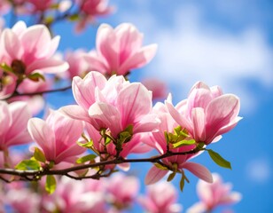 A vibrant closeup of pink magnolia blossoms blooming on a branch in the garden