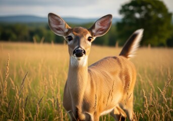 Captivating close up of a White-tailed deer in a field at golden hour