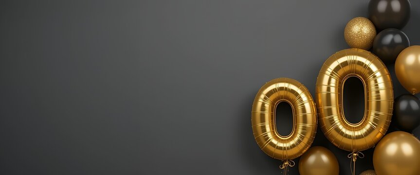 Golden metallic zero number balloons on dark background with decorative round balloons