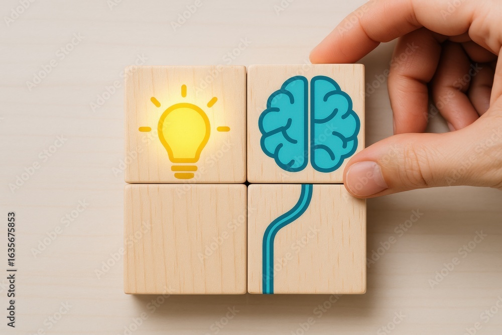 Poster brain and idea block puzzle: a hand positions a brain block, integrating it with a concept of idea w